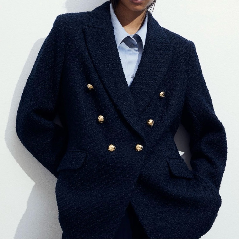 🌷🌷H&M Double Breasted Blazer Textured Woven Fabric Navy Blue LIKE NEW EUC